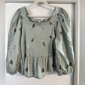 Universal Thread Sage Green Puff Sleeve Peplum Top with Black Embroidery